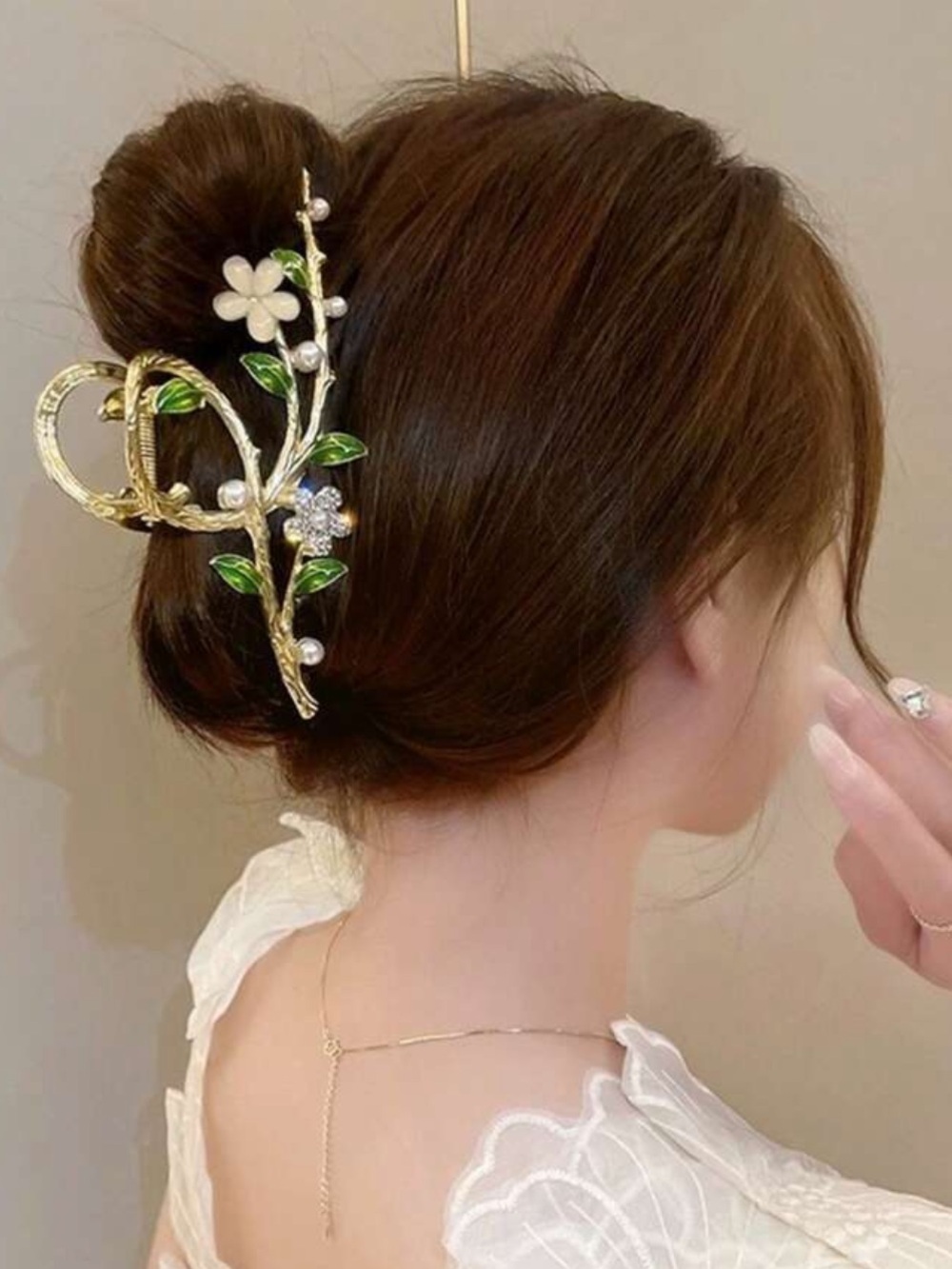 Gold Floral Hair Metal Claw Clip with Green Enamel Leaves and Pearls